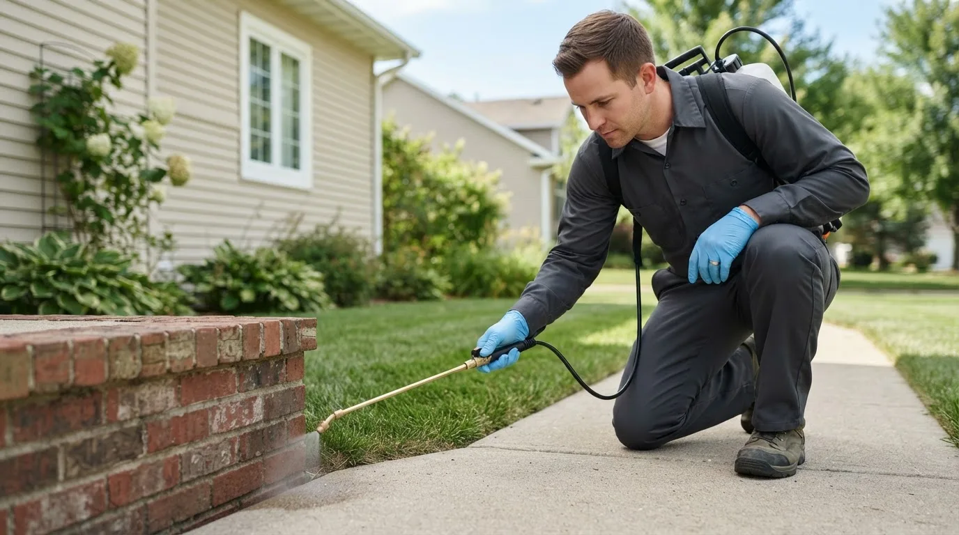 Pest control technician treating a home near Waterloo, IA