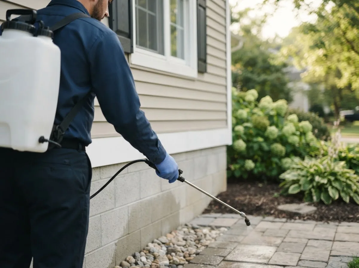 Pest control technician inspecting a home in Waterloo, IA
